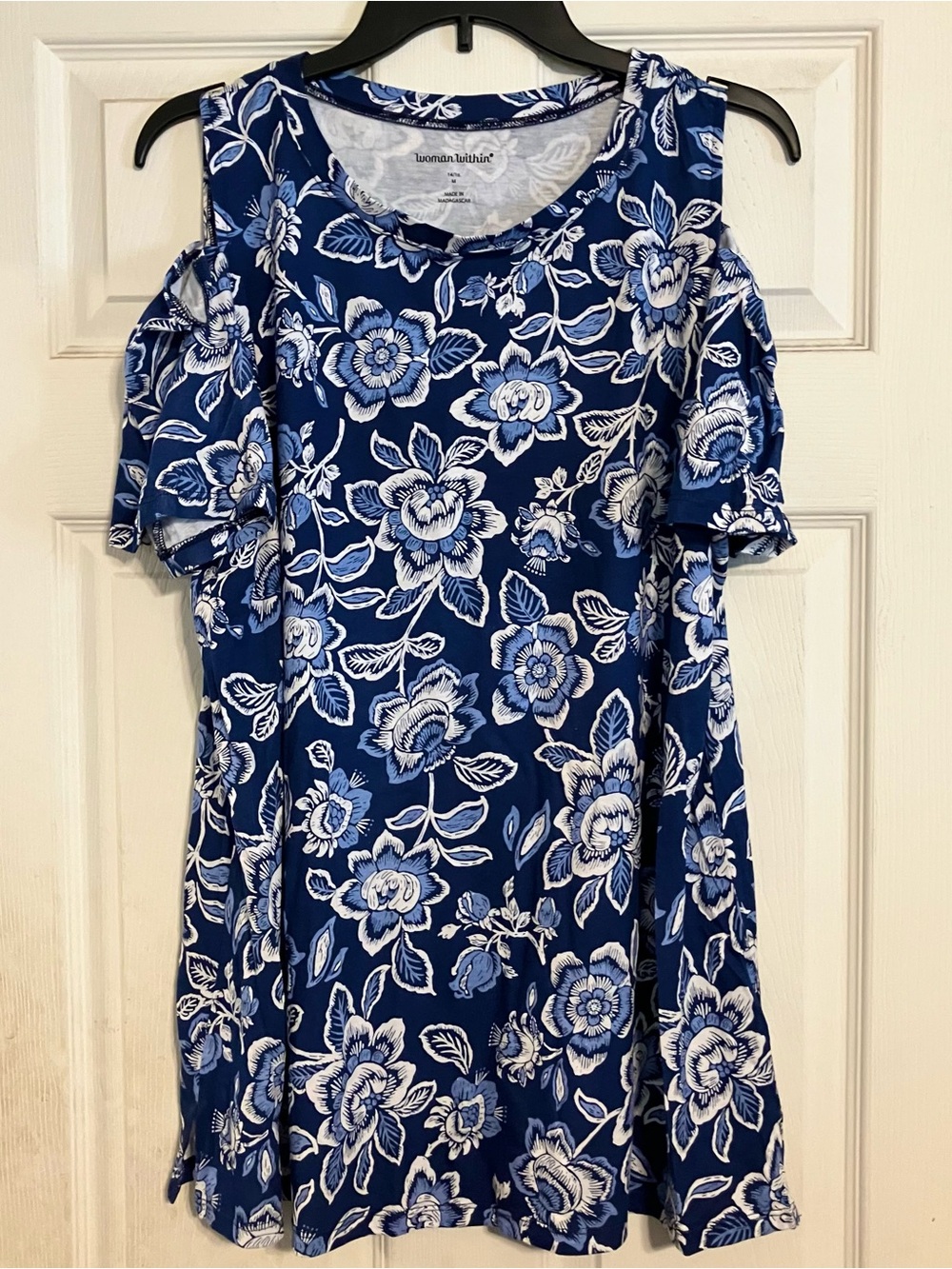 Navy Blue Gold Paisley Smocked Cuff Babydoll Tunic Top Peasant Blouse Size L